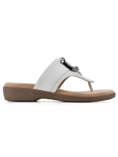 CLIFFS BY WHITE MOUNTAIN Womens White Mixed Media Flexible  Metal O-Ring Ornament Cushioned Benedict Round Toe Wedge Slip On Thong Sandals Shoes 9.5 M