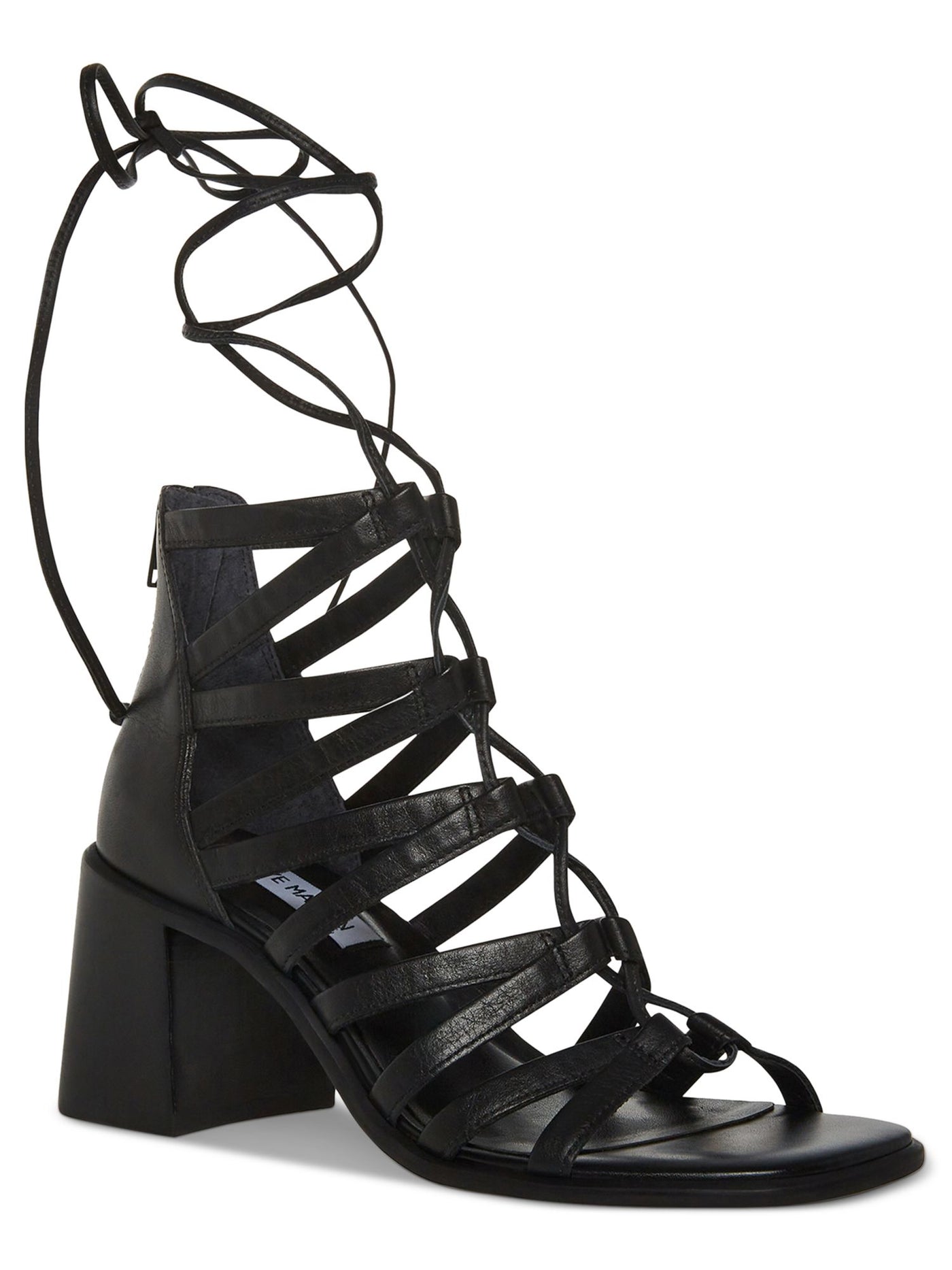 STEVE MADDEN Womens Black Ankle Ties Ghillie Laces Padded Cherrie Square Toe Block Heel Zip-Up Leather Heeled Gladiator Sandal 8 M