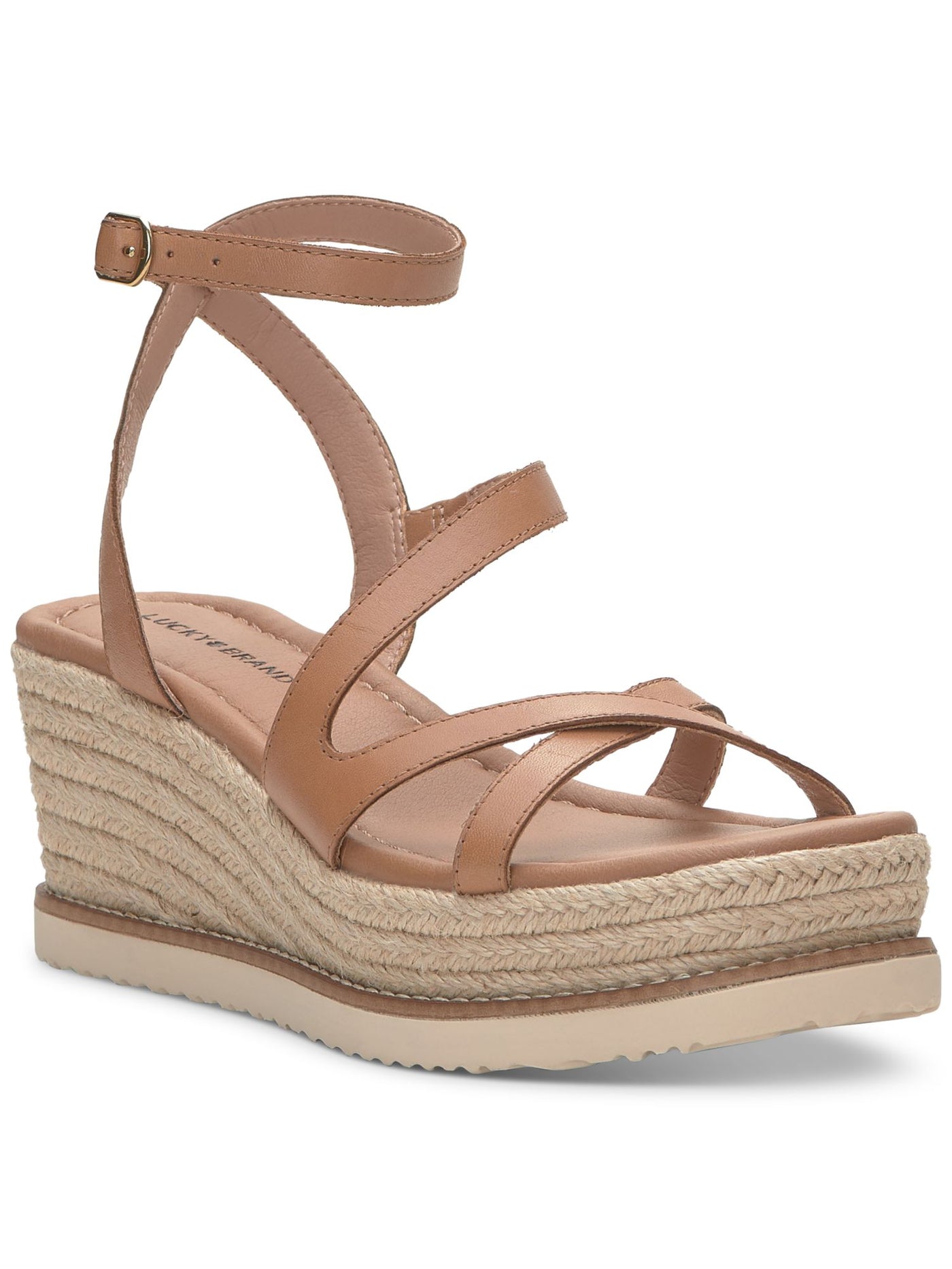 LUCKY BRAND Womens Beige 1-1/2" Platform Goring Strappy Padded Asymmetrical Ankle Strap Carolie Square Toe Wedge Buckle Leather Espadrille Shoes 9.5 M