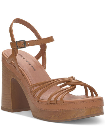 LUCKY BRAND Womens Brown 1" Platform Strappy Padded Ismene Round Toe Block Heel Buckle Leather Heeled Sandal 9.5 M