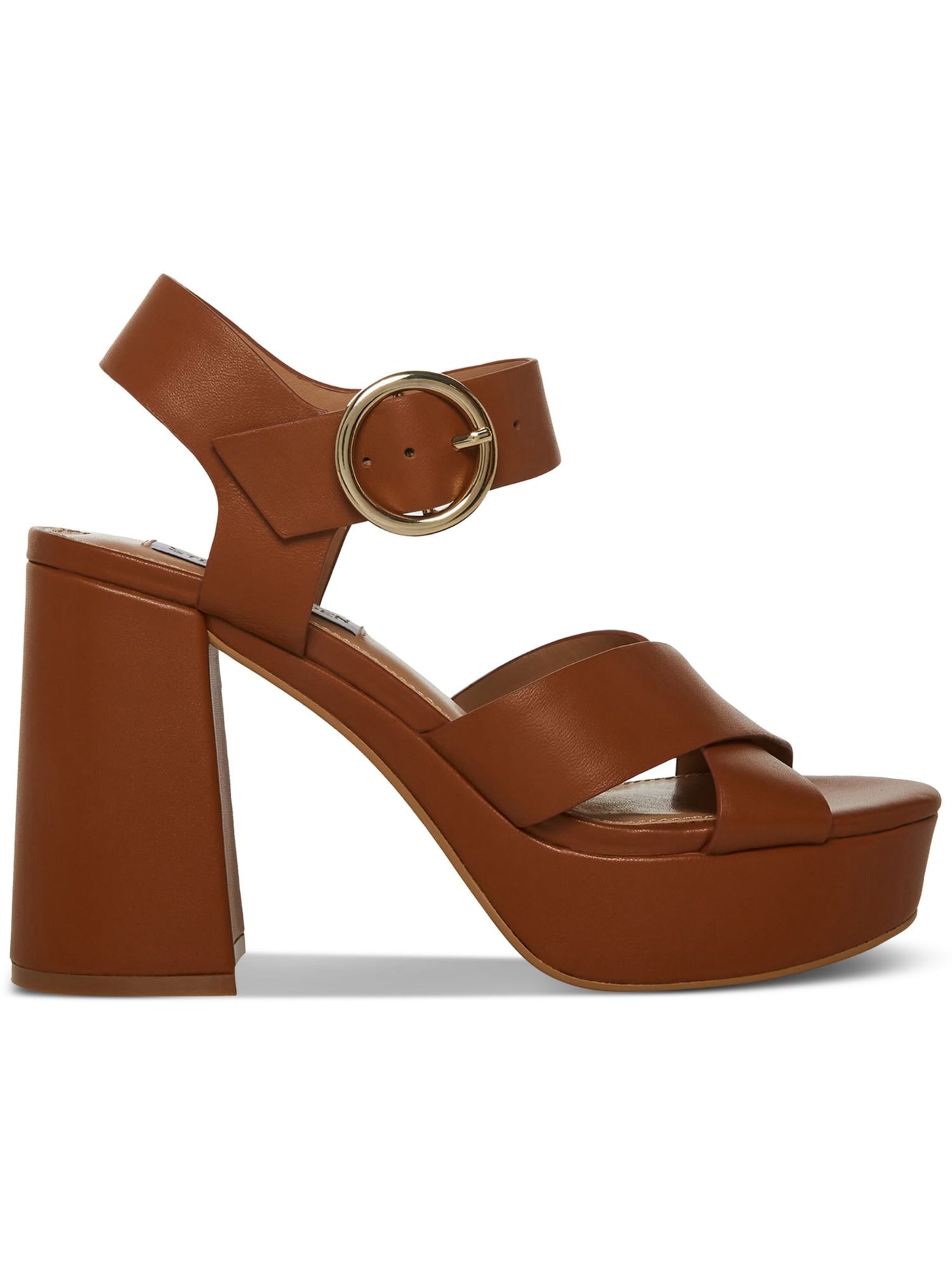 STEVE MADDEN Womens Brown 1.5 Platform Crisscross Straps Ankle Strap Cushioned Elkin Round Toe Block Heel Buckle Leather Heeled Sandal 8 M