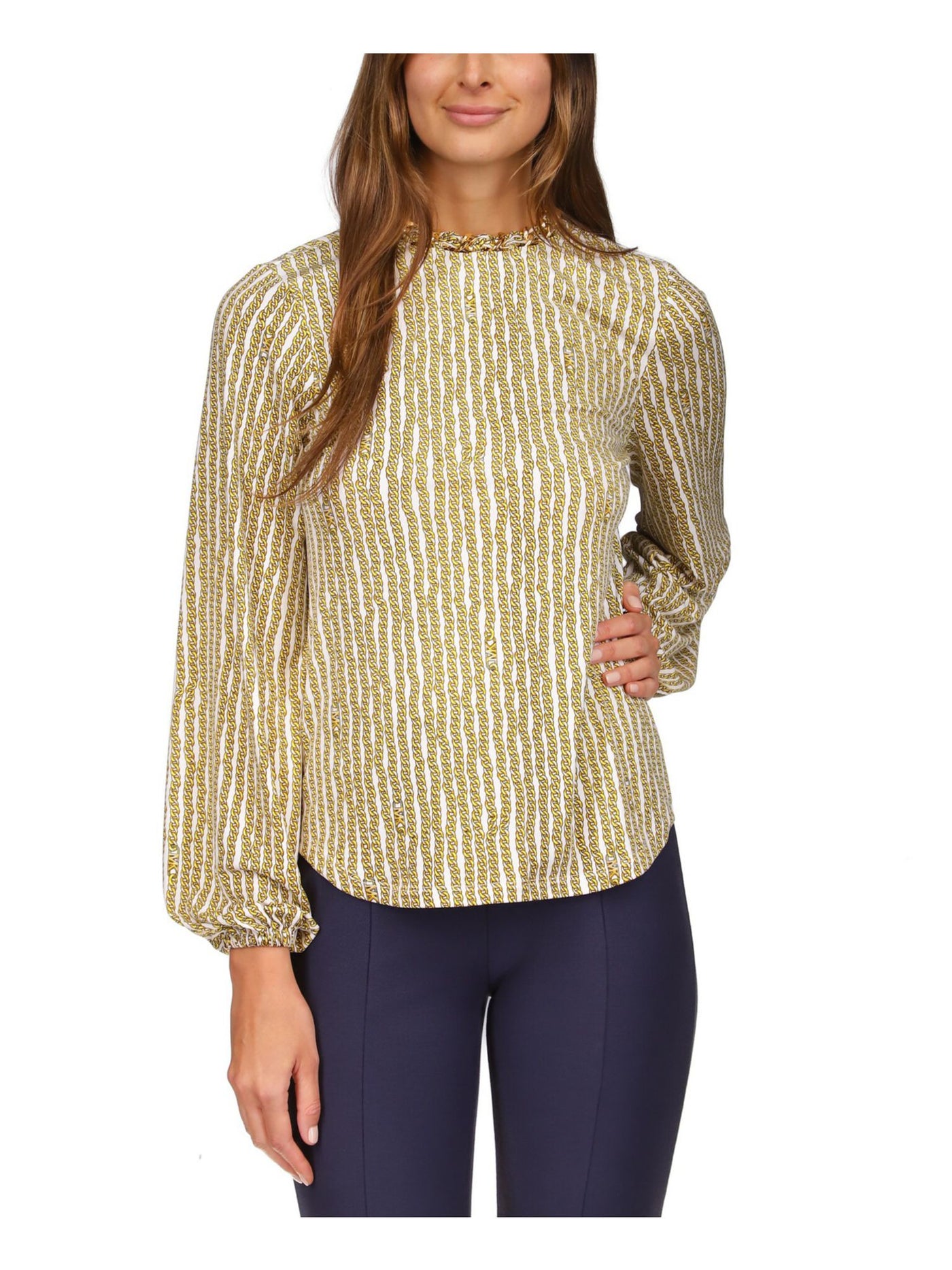 MICHAEL KORS Womens Unlined Long Sleeve Chain Collar Tie Curved Hem Round Neck Top