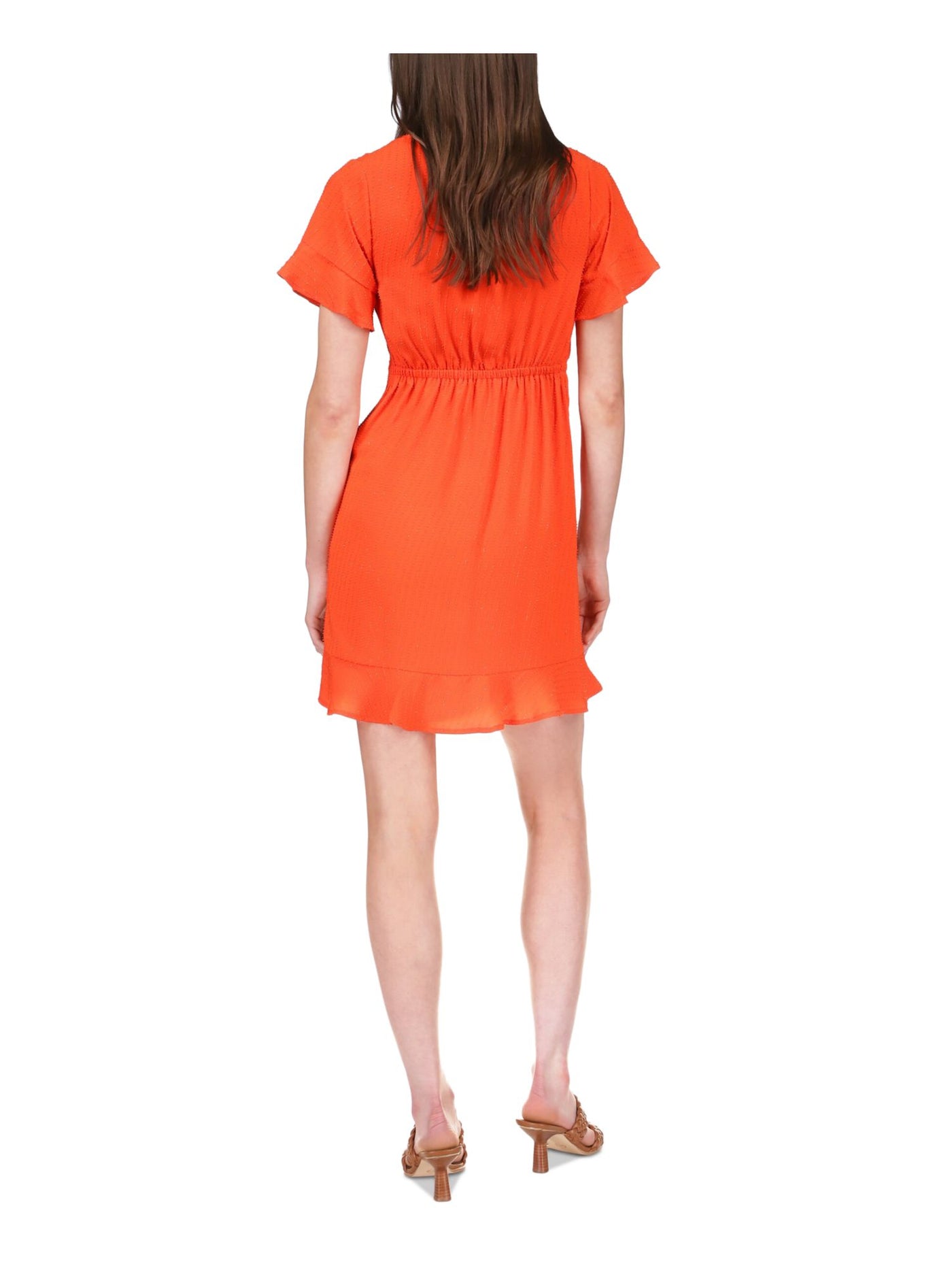 MICHAEL MICHAEL KORS Womens Orange Ruffled Zippered Smocked Front Waist Lined Flutter Sleeve Surplice Neckline Mini Faux Wrap Dress L