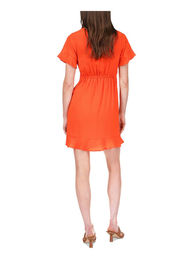 MICHAEL MICHAEL KORS Womens Orange Ruffled Zippered Smocked Front Waist Lined Flutter Sleeve Surplice Neckline Mini Faux Wrap Dress L
