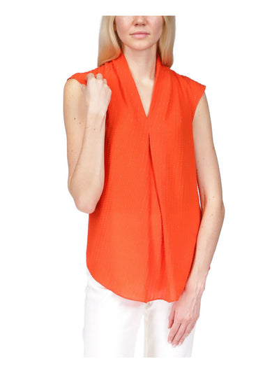 MICHAEL MICHAEL KORS Womens Orange Textured Pleated Curved Hem Cap Sleeve V Neck Top M