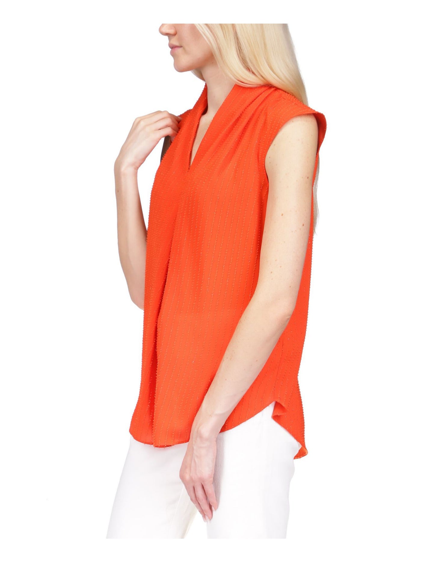 MICHAEL MICHAEL KORS Womens Orange Textured Pleated Curved Hem Cap Sleeve V Neck Top M