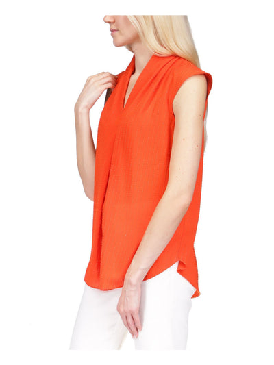 MICHAEL MICHAEL KORS Womens Orange Textured Pleated Curved Hem Cap Sleeve V Neck Top M