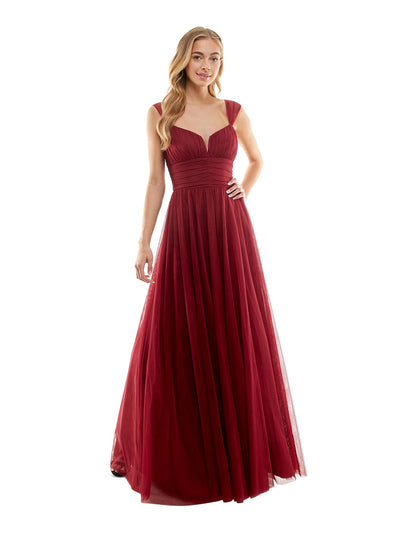 CITY STUDIO Womens Maroon Zippered Pleated Lined Tulle Mesh Sleeveless V Neck Full-Length Prom Gown Dress 1