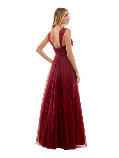 CITY STUDIO Womens Maroon Zippered Pleated Lined Tulle Mesh Sleeveless V Neck Full-Length Prom Gown Dress 1