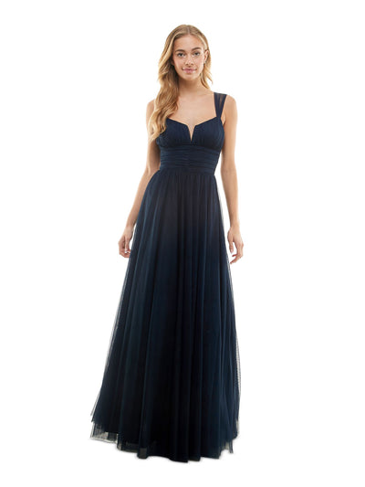 CITY STUDIO Womens Navy Zippered Pleated Lined Tulle Mesh Sleeveless V Neck Full-Length Gown Prom Dress 1