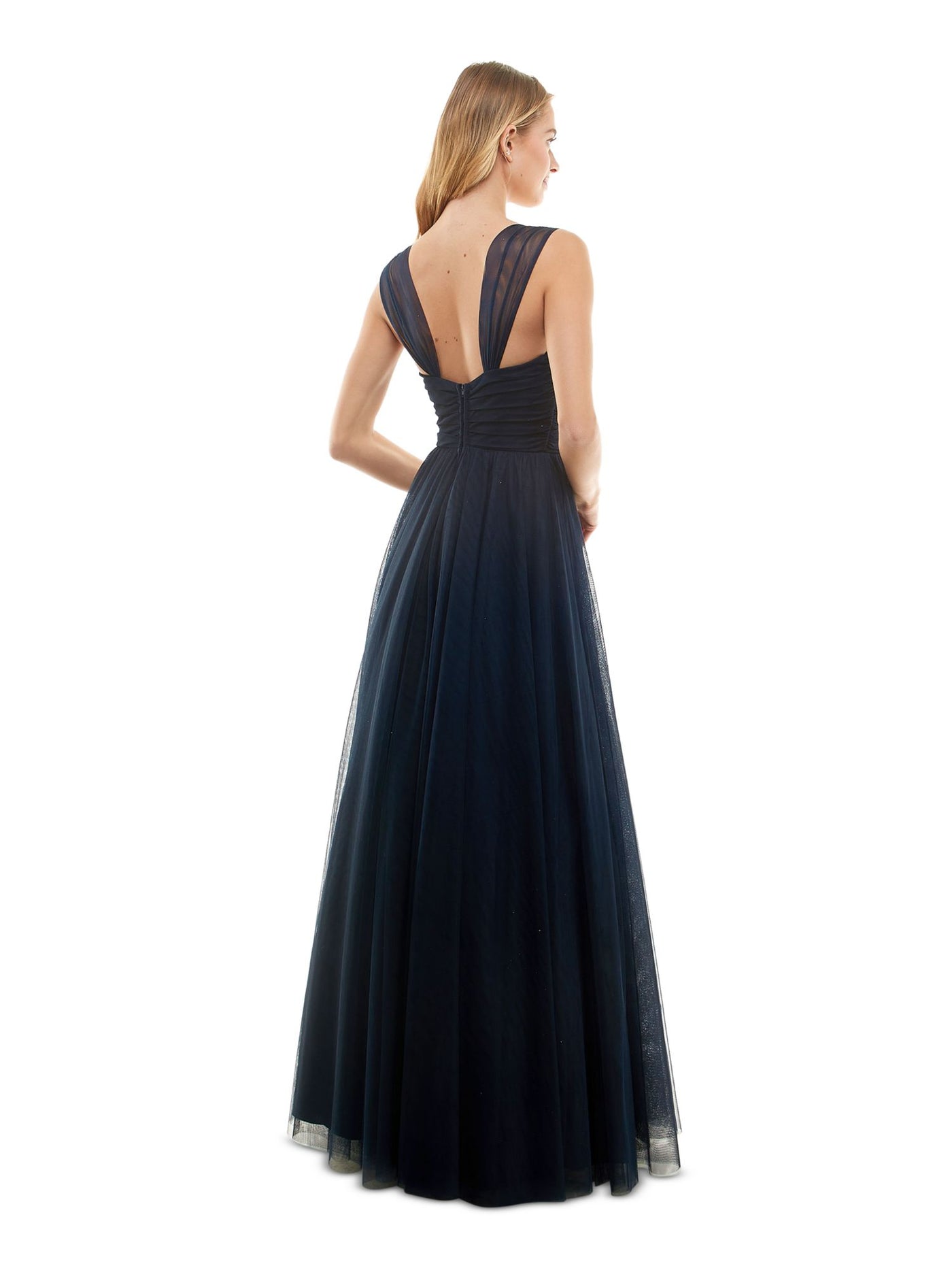 CITY STUDIO Womens Navy Zippered Pleated Lined Tulle Mesh Sleeveless V Neck Full-Length Formal Gown Dress 9