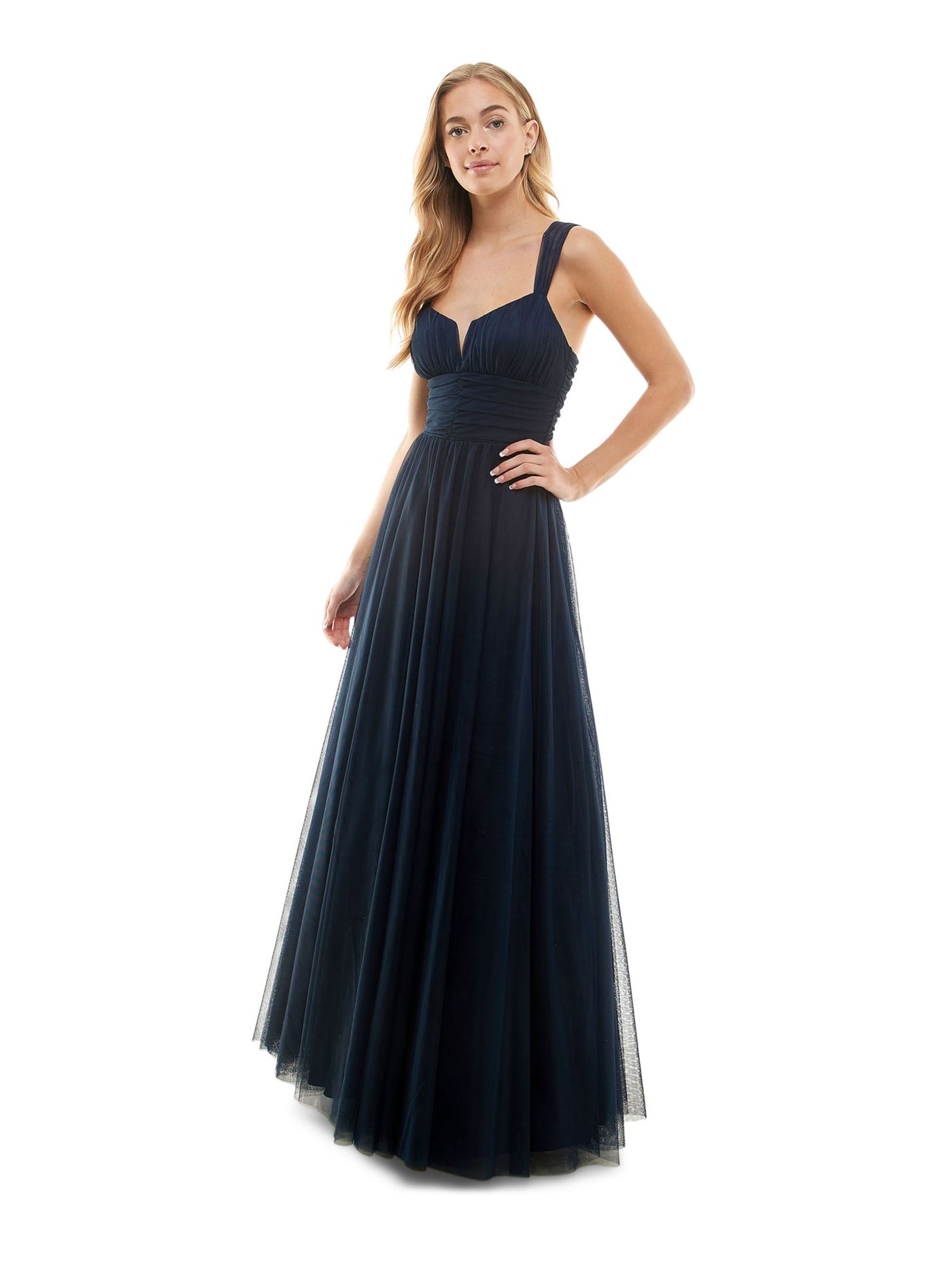 CITY STUDIO Womens Navy Zippered Pleated Lined Tulle Mesh Sleeveless V Neck Full-Length Gown Prom Dress 1