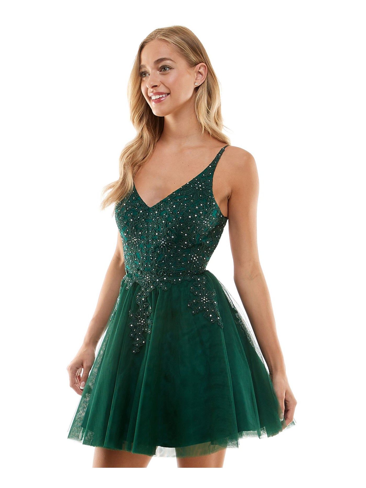 SAY YES TO THE PROM Womens Green Zippered Rhinestone Lace Up Tulle Padded Floral Spaghetti Strap V Neck Short Formal Fit + Flare Dress Juniors 13\14