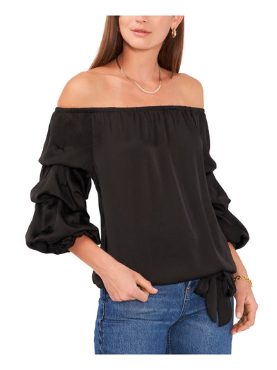 VINCE CAMUTO Womens Tie Ruched Lined Elasticized Sheer Balloon Sleeve Off Shoulder Cocktail Top