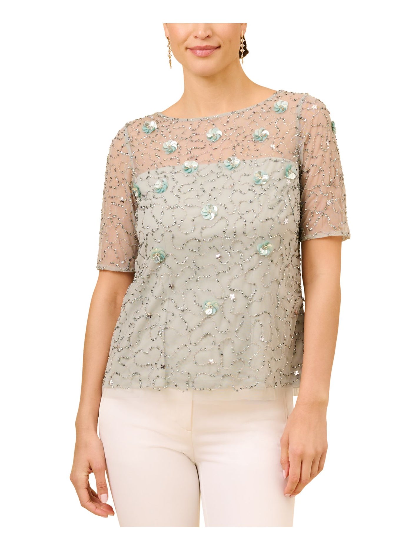 ADRIANNA PAPELL Womens Light Blue Embellished Zippered Lined Elbow Sleeve Boat Neck Party Top 6