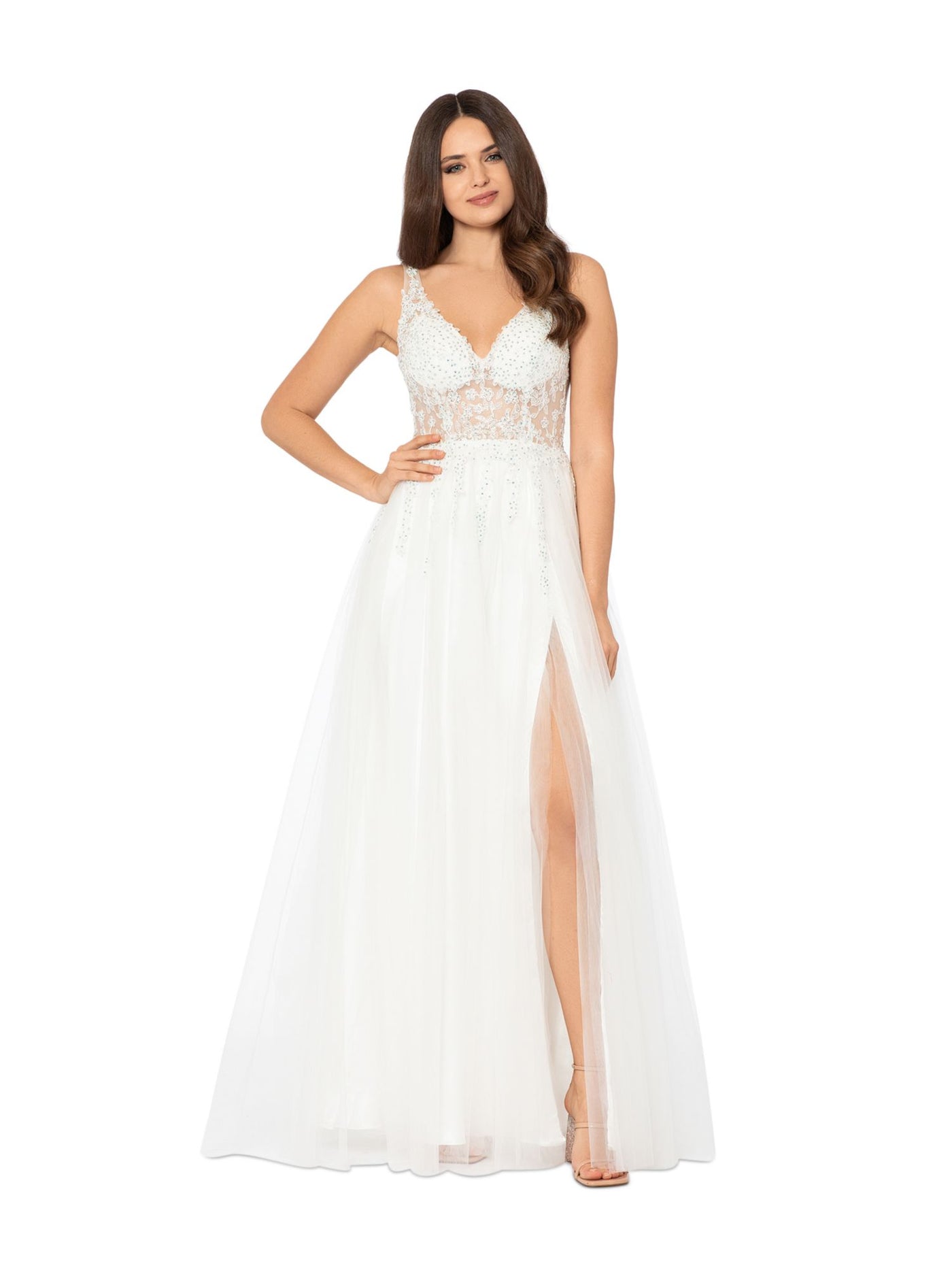 BLONDIE NITES Womens White Rhinestone Zippered Sheer Corset-style Mesh Lined Floral Sleeveless V Neck Full-Length Party Gown Dress Juniors 5