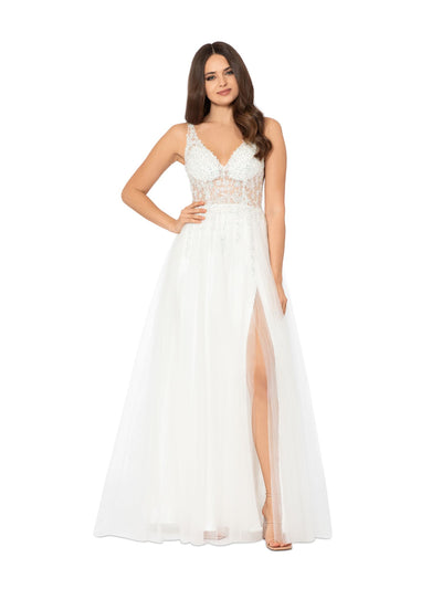 BLONDIE NITES Womens White Rhinestone Zippered Sheer Corset-style Mesh Lined Floral Sleeveless V Neck Full-Length Party Gown Dress Juniors 5