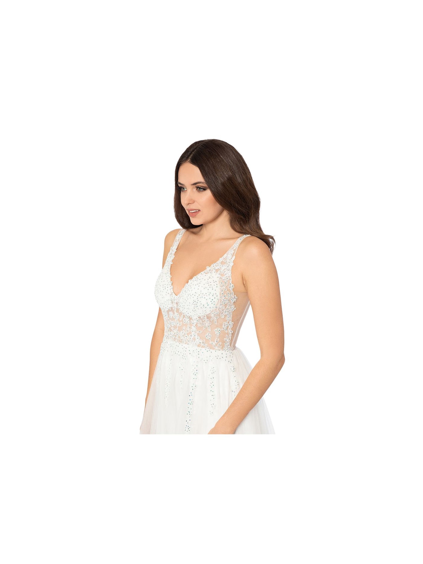 BLONDIE NITES Womens Ivory Rhinestone Zippered Sheer Corset-style Mesh Lined Floral Sleeveless V Neck Full-Length Party Gown Dress Juniors 7