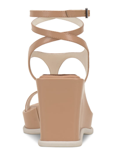 VINCE CAMUTO Womens Beige 1" Platformwrapping Ankle Strap T-Strap Cushioned Fetemee Square Toe Wedge Buckle Leather Heeled Sandal 6 M