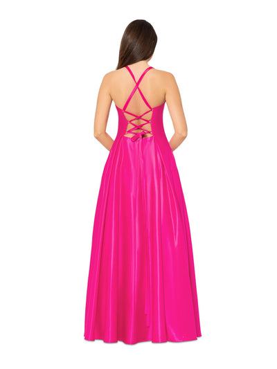 BLONDIE NITES Womens Pink Zippered Pocketed Lace-up Corset Bodice Lined Sleeveless Sweetheart Neckline Full-Length Formal Gown Dress 1