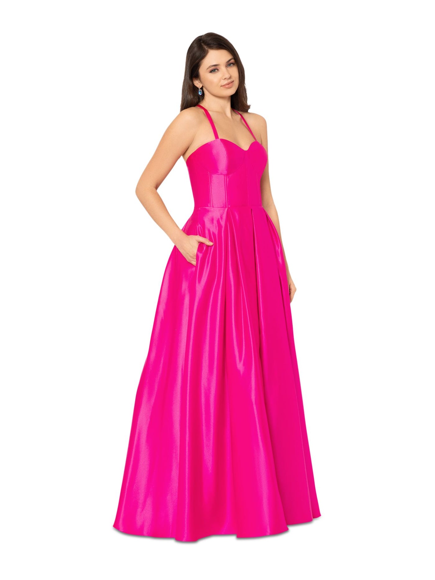 BLONDIE NITES Womens Pink Zippered Pocketed Lace-up Corset Bodice Lined Sleeveless Sweetheart Neckline Full-Length Formal Gown Dress 1