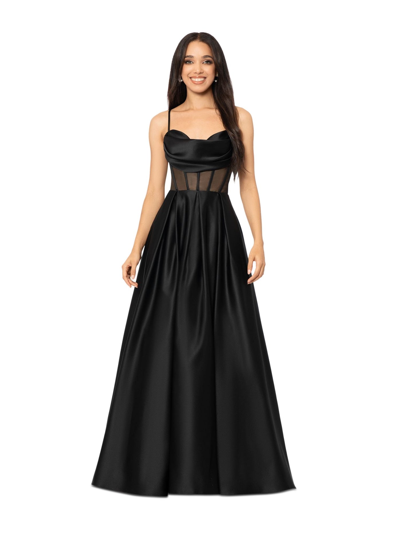 BLONDIE NITES Womens Black Zippered Pocketed Pleated Tulle Padded Semi-sheer Spaghetti Strap Cowl Neck Full-Length Formal Gown Dress Juniors 13