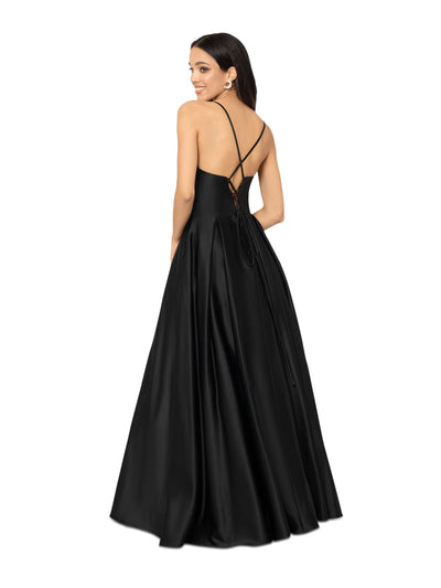 BLONDIE NITES Womens Black Zippered Pocketed Pleated Tulle Padded Semi-sheer Spaghetti Strap Cowl Neck Full-Length Formal Gown Dress Juniors 13