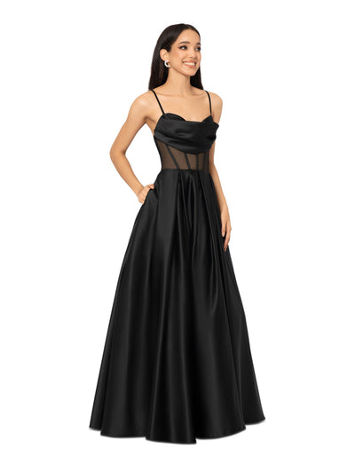 BLONDIE NITES Womens Black Zippered Pocketed Pleated Tulle Padded Semi-sheer Spaghetti Strap Cowl Neck Full-Length Formal Gown Dress Juniors 5