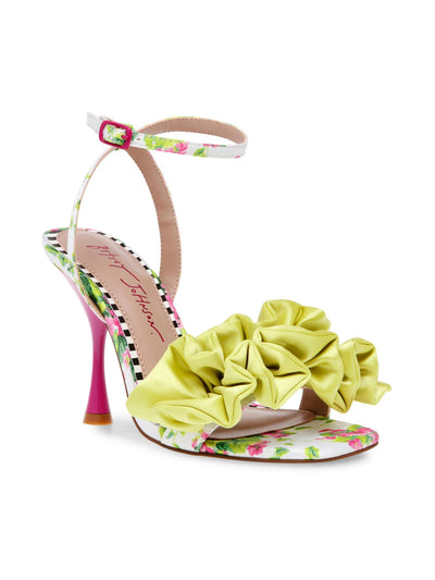 BETSEY JOHNSON Womens Green Mixed Media Ankle Strap Ruffled Elmira Square Toe Stiletto Buckle Heeled Sandal 5.5