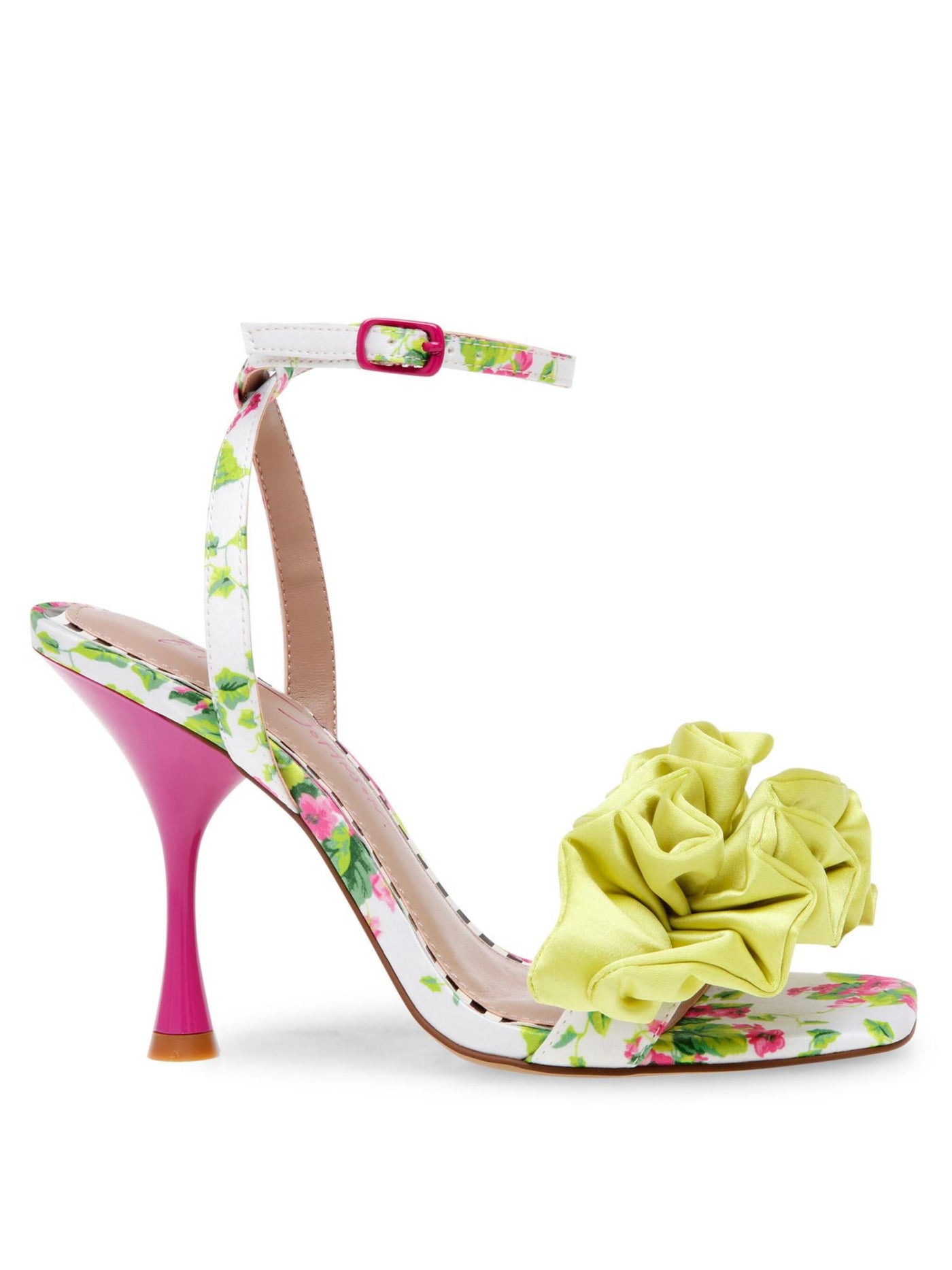 BETSEY JOHNSON Womens Green Mixed Media Ankle Strap Ruffled Elmira Square Toe Stiletto Buckle Heeled Sandal 5.5