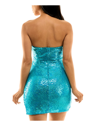 B DARLIN Womens Turquoise Sequined Zippered Lined Boning Slit Sleeveless Strapless Mini Party Sheath Dress 13\14