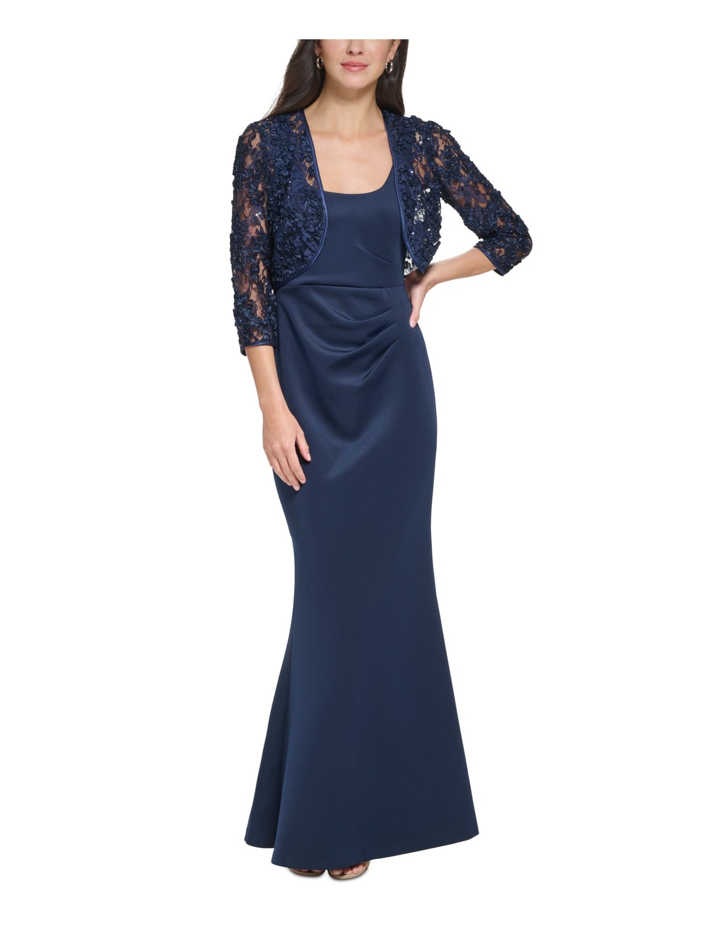 JESSICA HOWARD Womens Navy Sequined Soutache Sheer 3/4 Sleeve Open Front Evening Shrug Cardigan Petites 10P