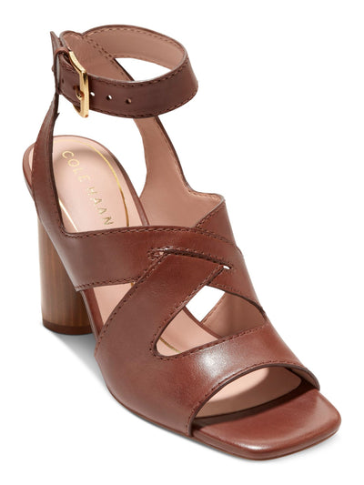 COLE HAAN Womens Brown Cushioned Ankle Strap Arch Support Reina Square Toe Stacked Heel Buckle Leather Dress Heeled Sandal 9 B