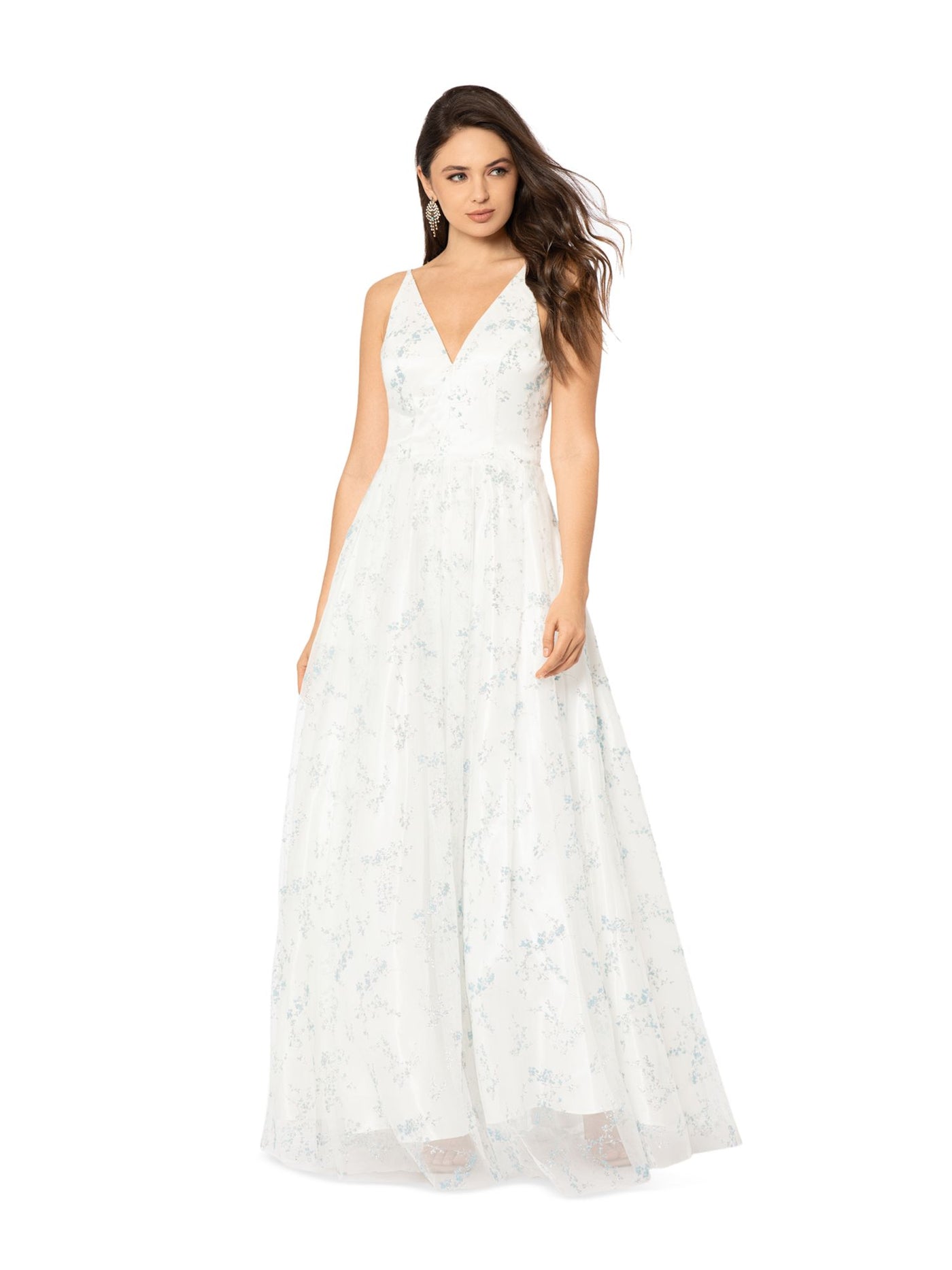 BLONDIE NITES Womens White Mesh Pocketed Zippered Embroidered Lined Padded Tulle Floral Sleeveless V Neck Full-Length Formal Gown Dress 5
