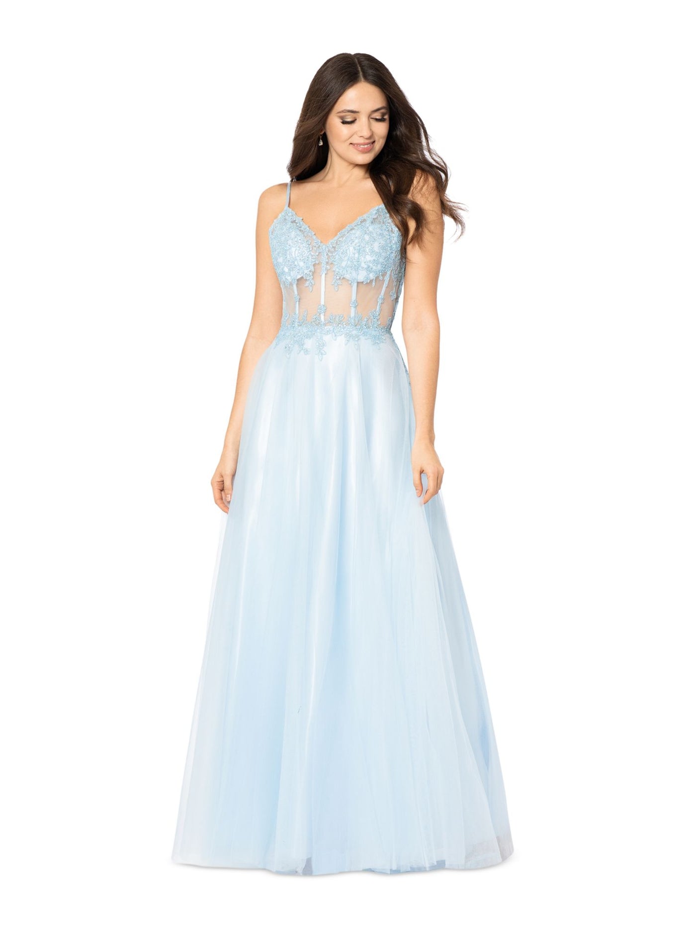 BLONDIE NITES Womens Light Blue Mesh Zippered Rhinestone Sheer Corset Bodice Lined Floral Spaghetti Strap V Neck Full-Length Formal Gown Dress Juniors 5