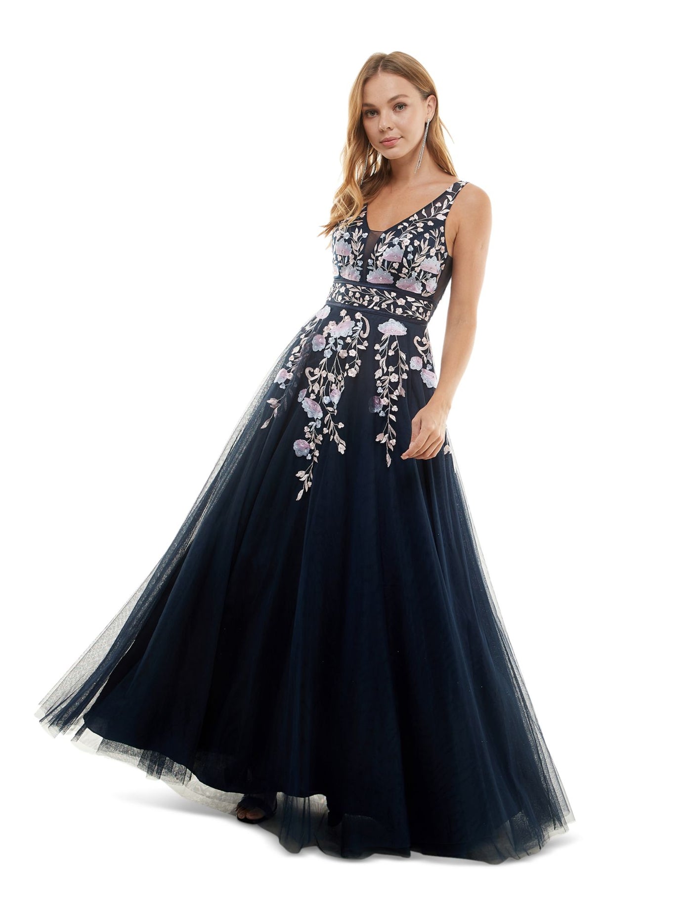 SAY YES TO THE PROM Womens Navy Rhinestone Zippered V Back Tulle Lined Sheer Floral Sleeveless V Neck Full-Length Formal Gown Dress 1