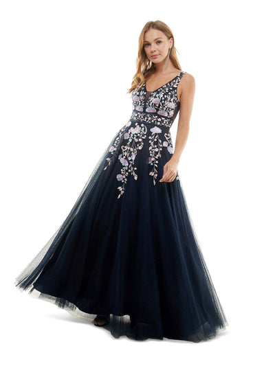 SAY YES TO THE PROM Womens Navy Rhinestone Zippered V Back Tulle Lined Sheer Floral Sleeveless V Neck Full-Length Formal Gown Dress 1