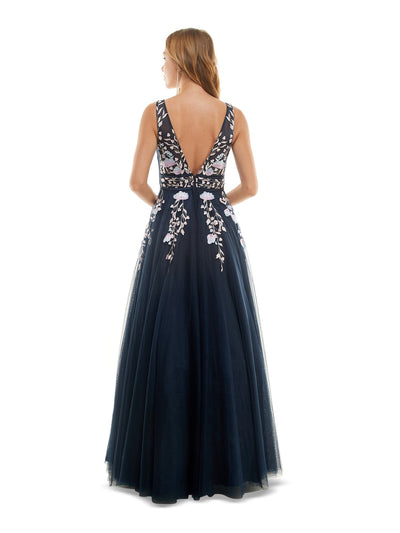 SAY YES TO THE PROM Womens Navy Rhinestone Zippered V Back Tulle Lined Sheer Floral Sleeveless V Neck Full-Length Formal Gown Dress 3