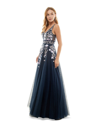 SAY YES TO THE PROM Womens Navy Rhinestone Zippered V Back Tulle Lined Sheer Floral Sleeveless V Neck Full-Length Formal Gown Dress 5