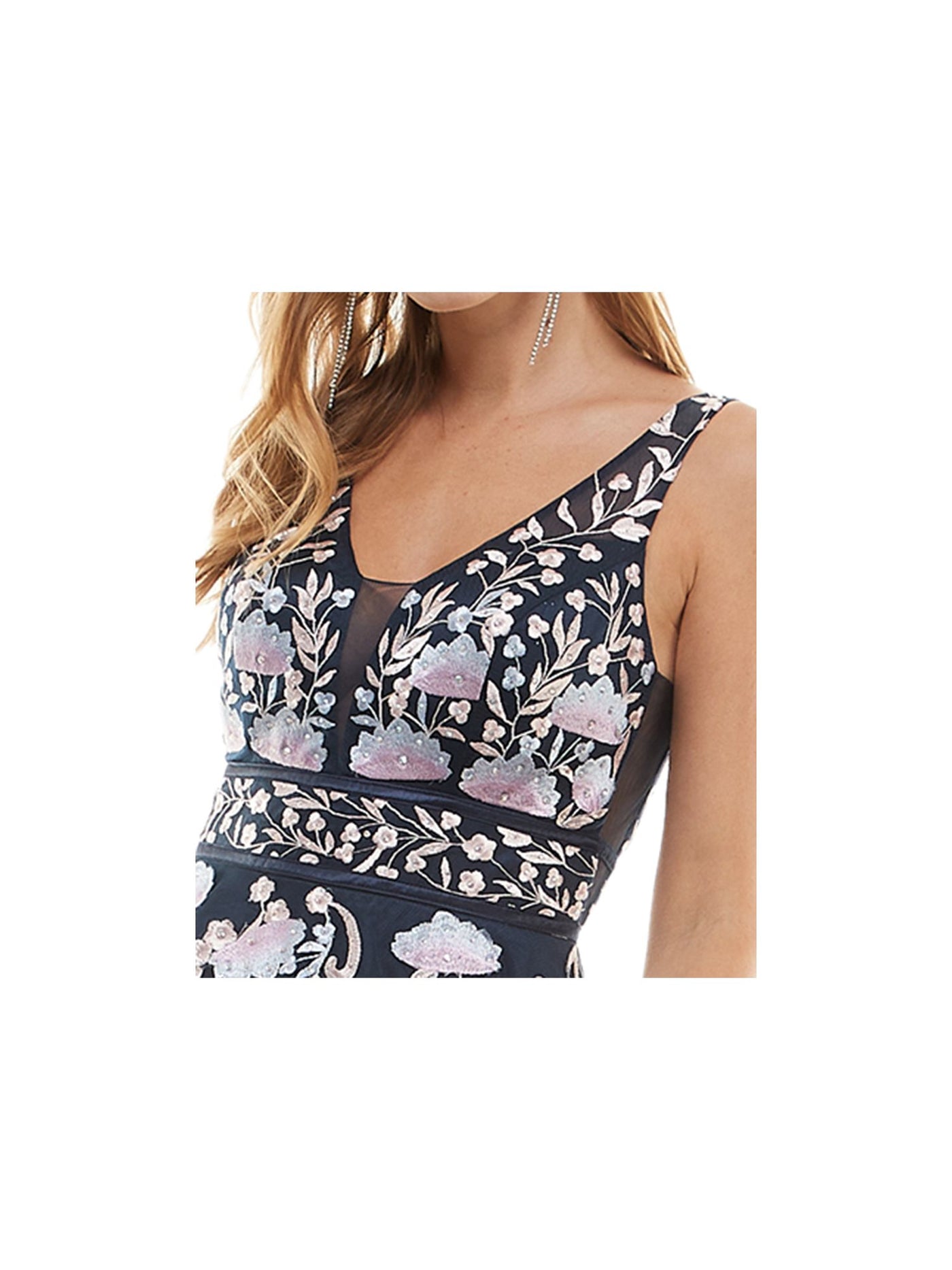SAY YES TO THE PROM Womens Navy Rhinestone Zippered V Back Tulle Lined Sheer Floral Sleeveless V Neck Full-Length Formal Gown Dress 1