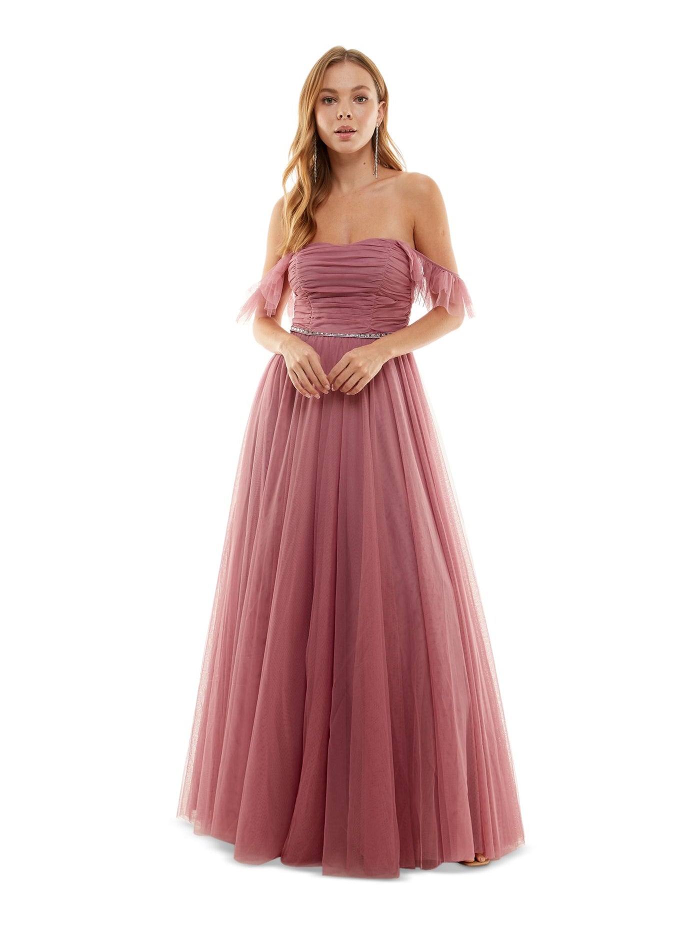 CITY STUDIO Womens Pink Ruffled Ruched Off Shoulder Straps Zippered Sweetheart Neckline Full-Length Formal Gown Dress 7