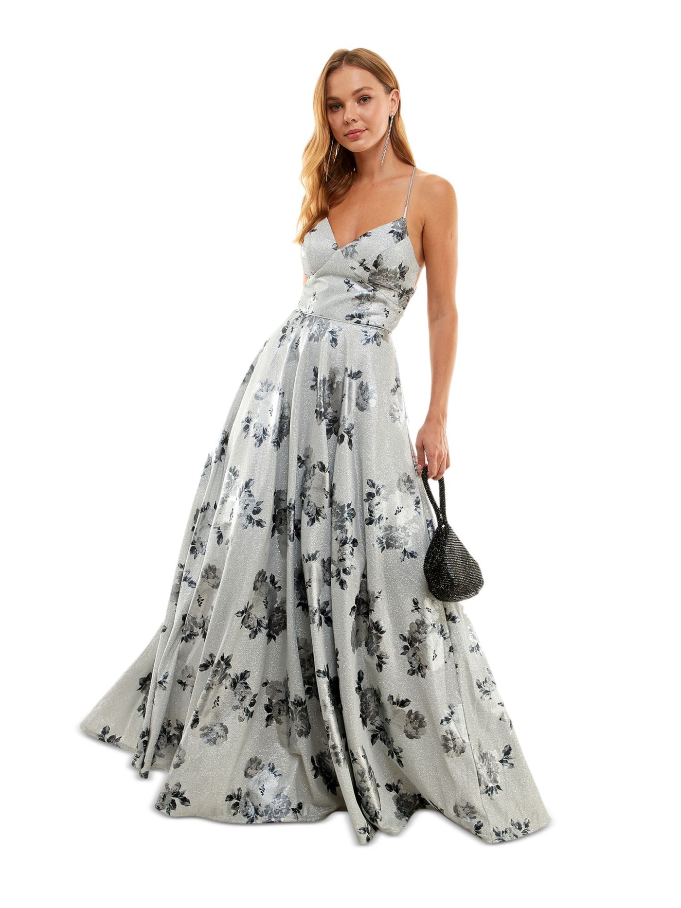 CITY STUDIO Womens Silver Zippered Lined Floral Sleeveless V Neck Full-Length Prom Gown Dress 3