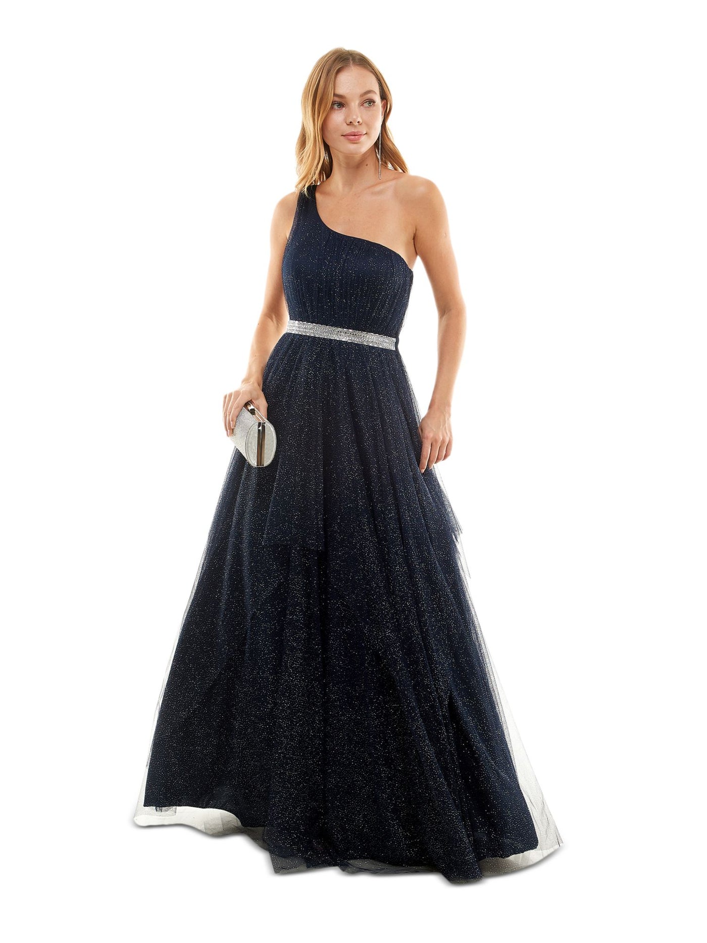 SAY YES TO THE PROM Womens Navy Zippered Embellished Lined Mesh Tulle Padded Sleeveless Asymmetrical Neckline Full-Length Formal Gown Dress 3