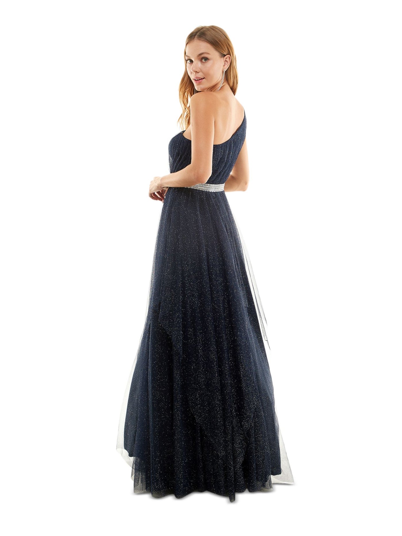 SAY YES TO THE PROM Womens Navy Zippered Embellished Lined Mesh Tulle Padded Sleeveless Asymmetrical Neckline Full-Length Formal Gown Dress 3