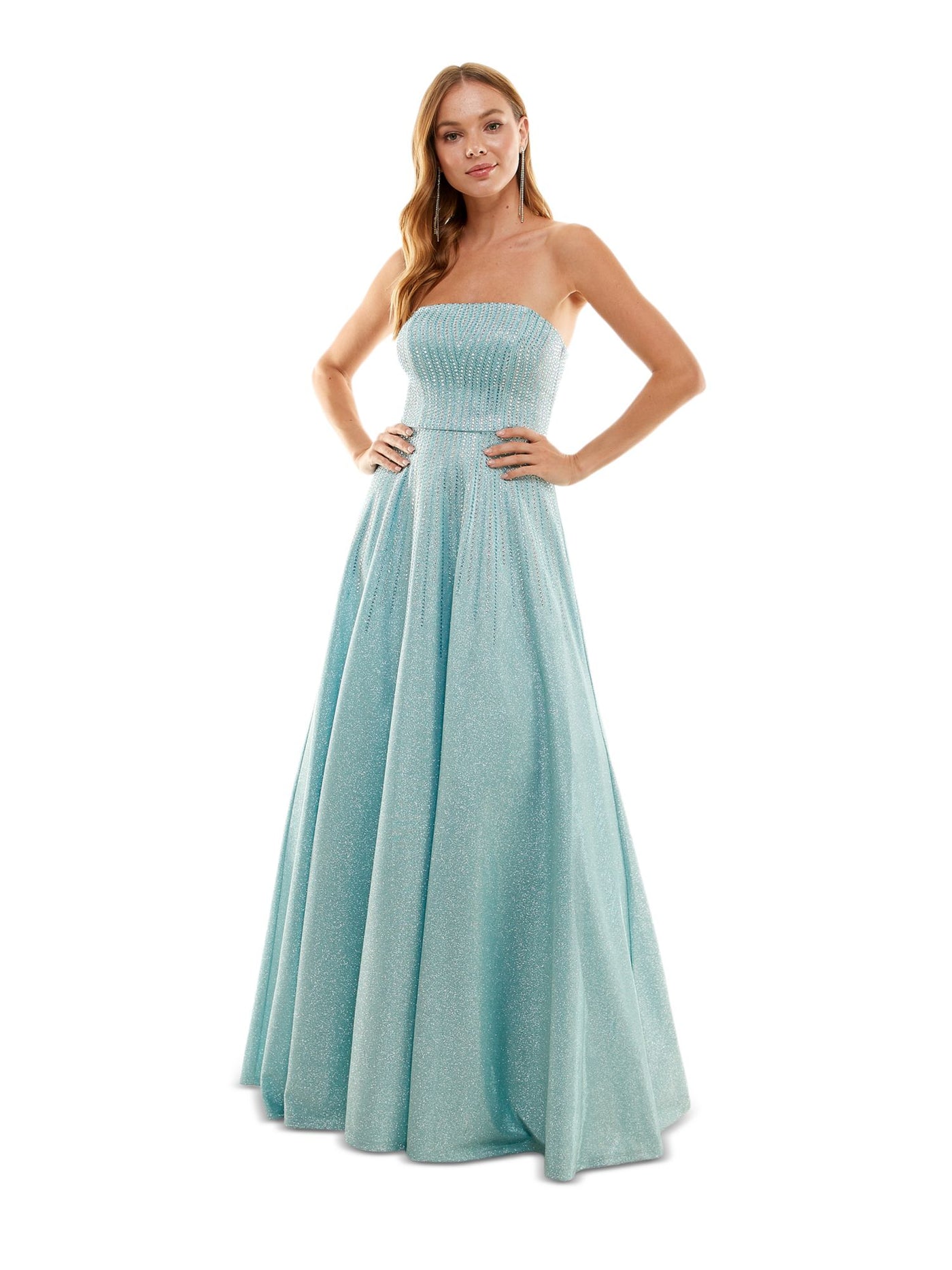 SAY YES TO THE PROM Womens Light Blue Embellished Zippered Padded Lined Tulle Lace Up Back Sleeveless Strapless Full-Length Formal Gown Dress 7