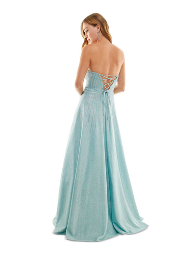 SAY YES TO THE PROM Womens Light Blue Embellished Zippered Padded Lined Tulle Lace Up Back Sleeveless Strapless Full-Length Formal Gown Dress Juniors 9