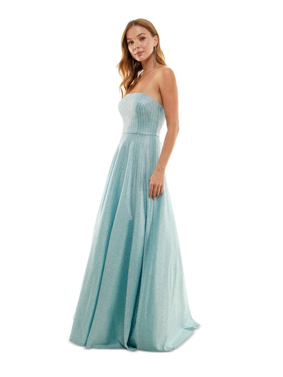 SAY YES TO THE PROM Womens Light Blue Embellished Zippered Padded Lined Tulle Lace Up Back Sleeveless Strapless Full-Length Formal Gown Dress 5