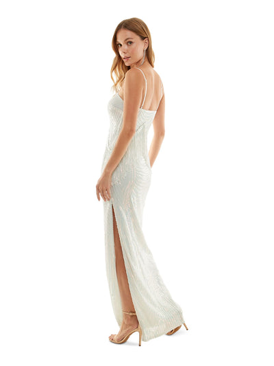 CITY STUDIO Womens White Zippered Lined Fringed Sequined Slit Spaghetti Strap Square Neck Full-Length Formal Gown Dress 7