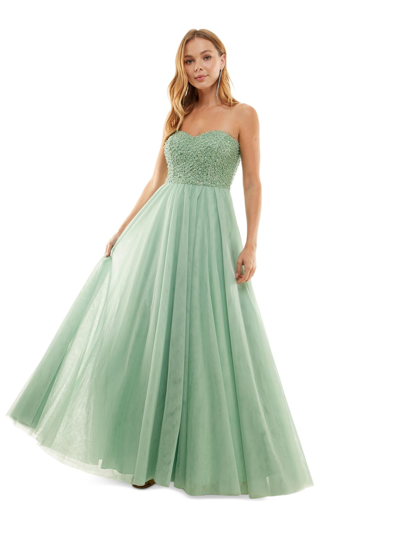 SAY YES TO THE PROM Womens Green Embellished Zippered Padded Lined Tulle Mesh Sleeveless Sweetheart Neckline Full-Length Party Gown Dress 9