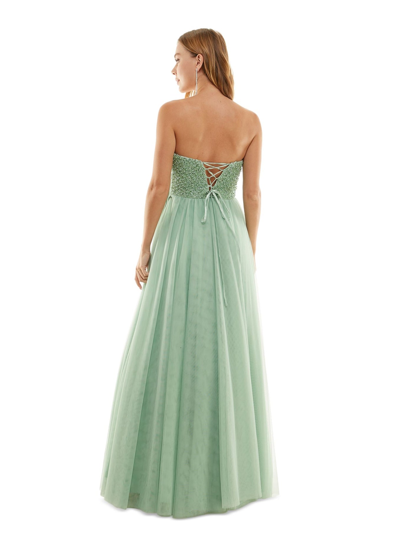 SAY YES TO THE PROM Womens Green Embellished Zippered Padded Lined Tulle Mesh Sleeveless Sweetheart Neckline Full-Length Party Gown Dress 1